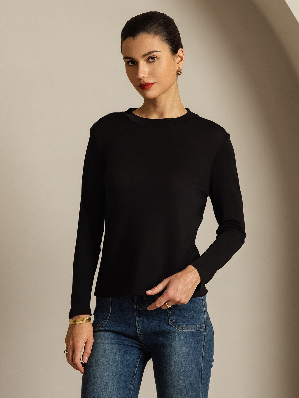 Women's Pure Silk Long Sleeve Round Neck Top