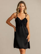 Pure Silk Spaghetti Strap Lace V neck Backless Short Nightgown