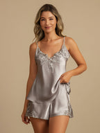 100% Mulberry Silk Spaghetti Strap V Neck Camisole Set with Lace Design