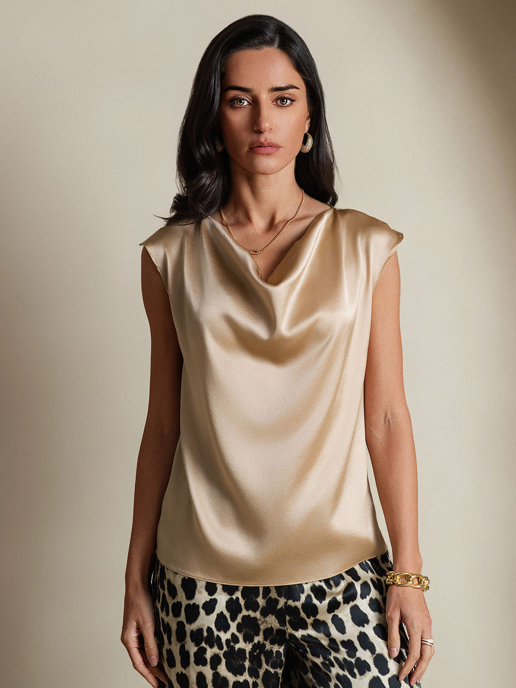 19Momme Women's Silk Cap Sleeve Cowl Neck Top