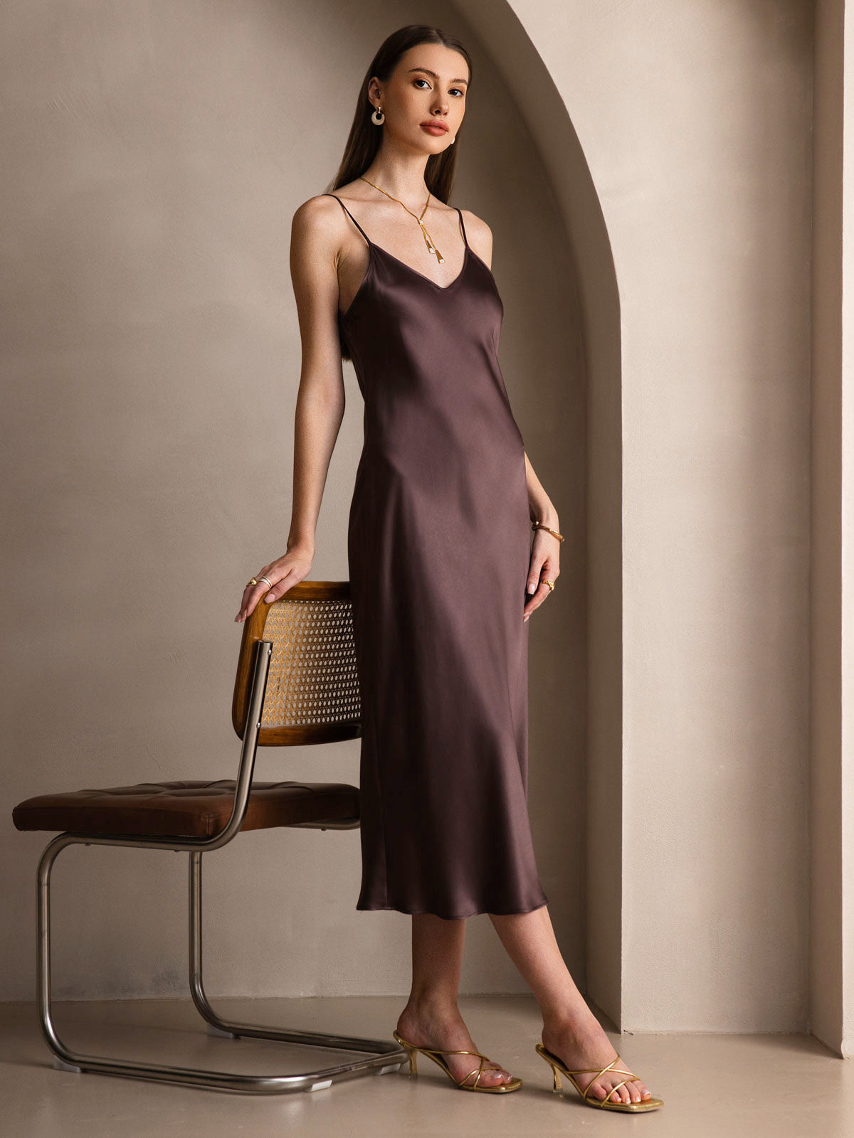 100% Mulberry Silk Spaghetti Strap V Neck Midi Dress