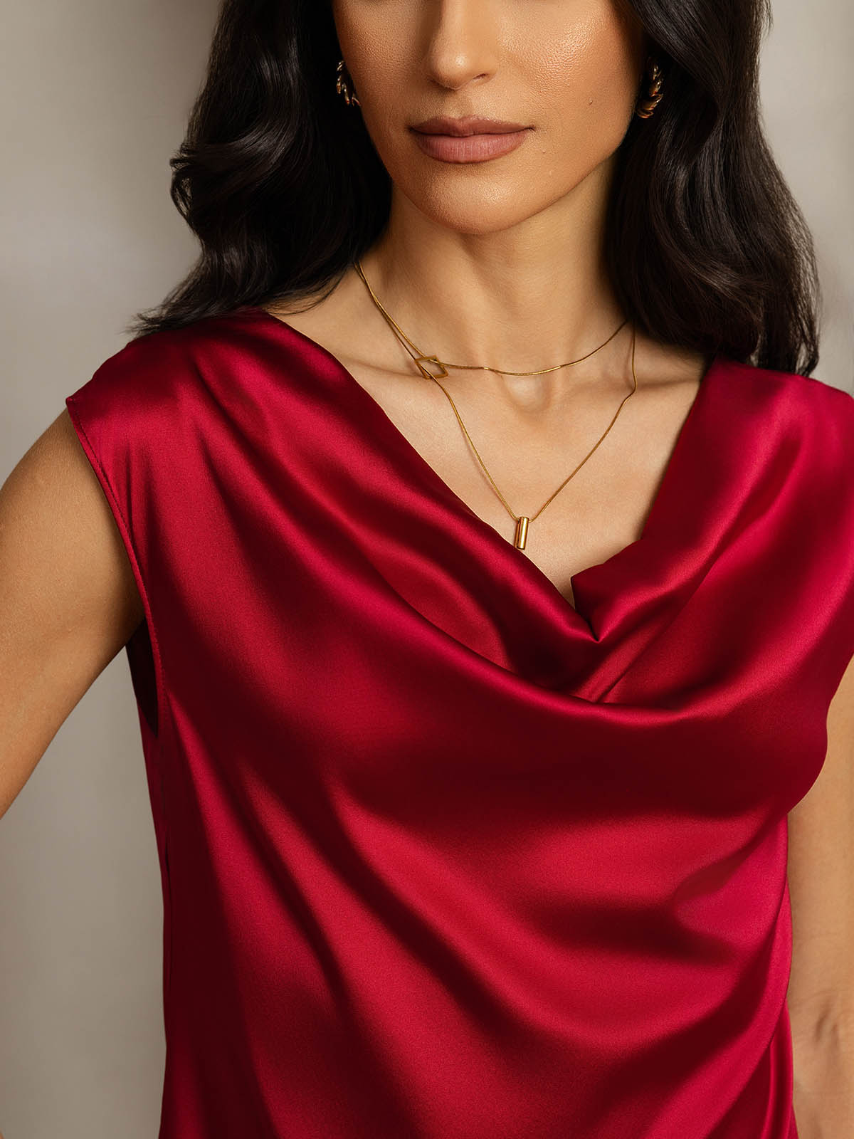 19Momme Silk Cap Sleeve Cowl Neck Women's Top