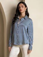 19Momme Silk Stripe Print Long Sleeve Lapel Collar Women's Shirt