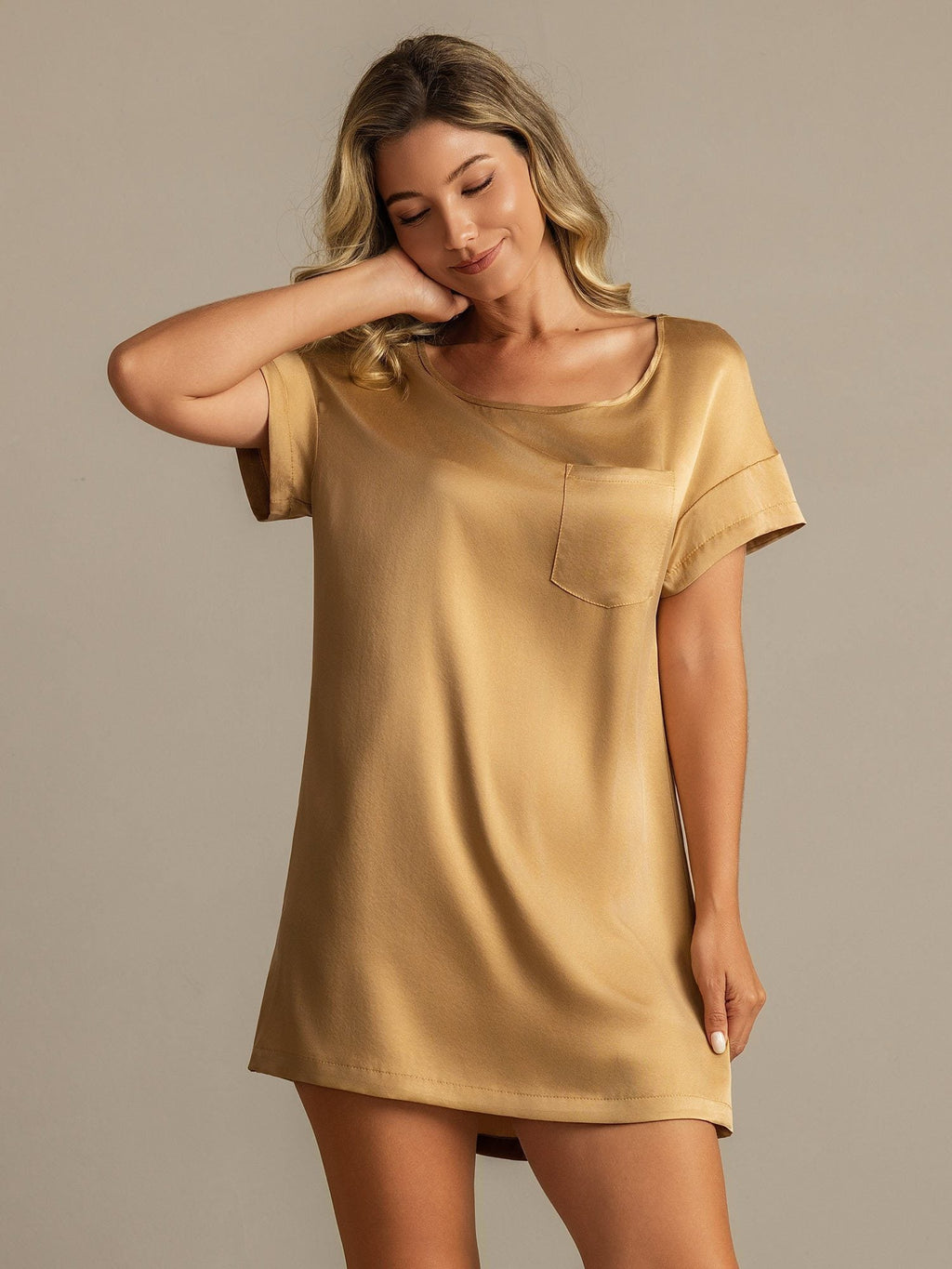 19Momme Washable Silk Short Sleeve Round Neck Short Nightgown