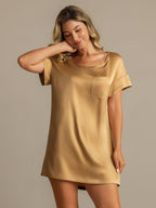 19Momme Washable Silk Short Sleeve Round Neck Short Nightgown