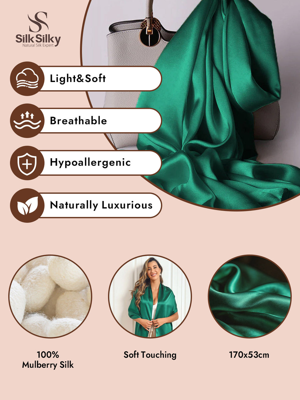 100% Mulberry Silk Long Scarf/Shawl 170x53cm/67