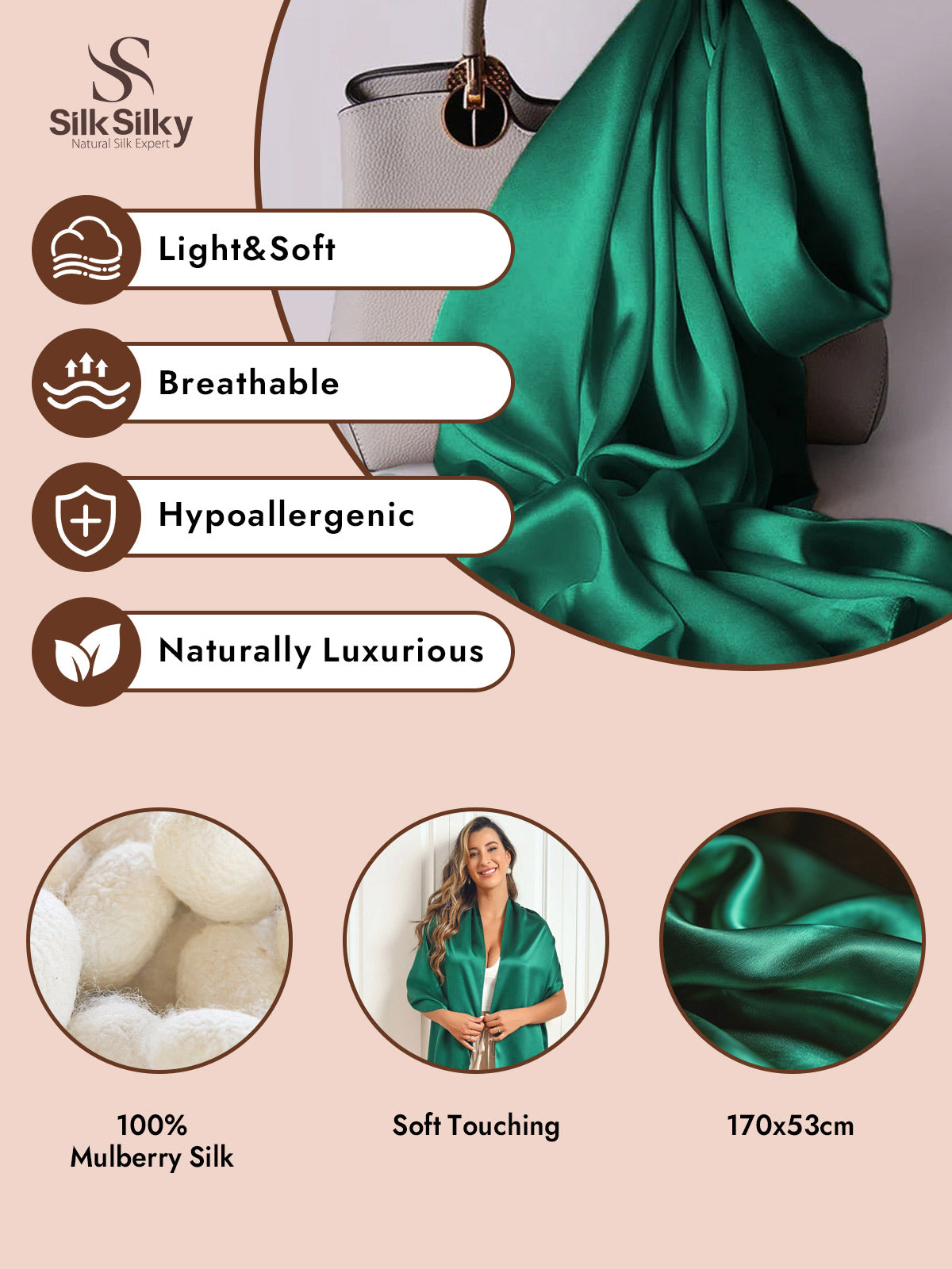 100% Mulberry Silk Long Scarf/Shawl 170x53cm/67