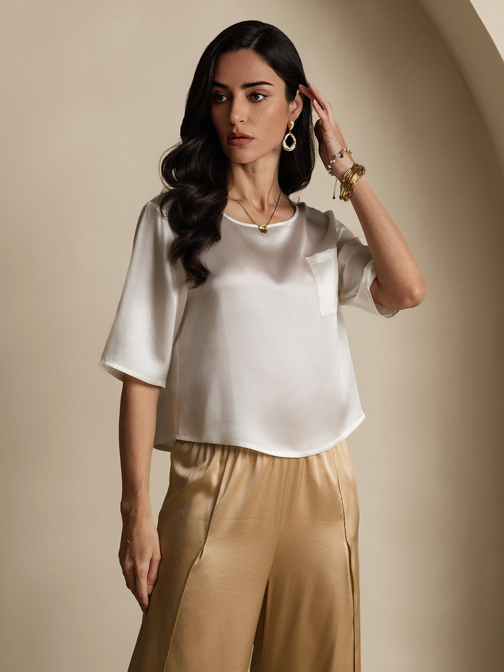 100% Mulberry Silk Women's Blouse Short Sleeve Boxy Crop Top