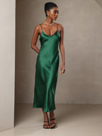 100% Mulberry Silk Spaghetti Strap V Neck Midi Dress