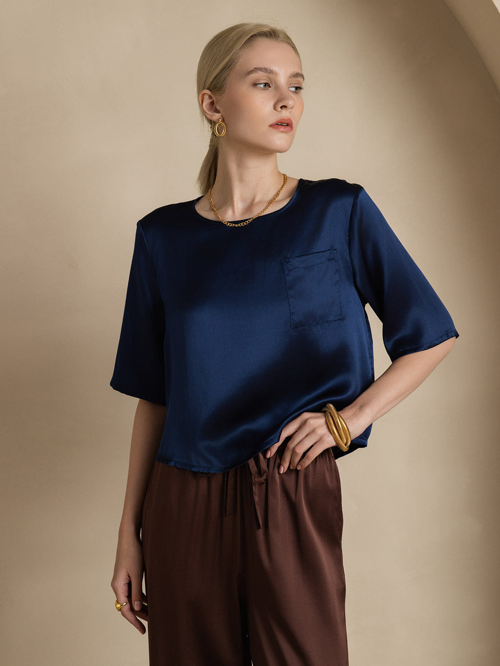 100% Mulberry Silk Women's Blouse Short Sleeve Boxy Crop Top