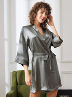 100% Mulberry Silk Short Women's Kimono Robe with Wrap Design
