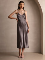 100% Mulberry Silk Spaghetti Strap V Neck Midi Dress