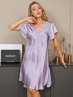100% Mulberry Silk Short Sleeve Lace V-neck Short Nightgown with Split Hem