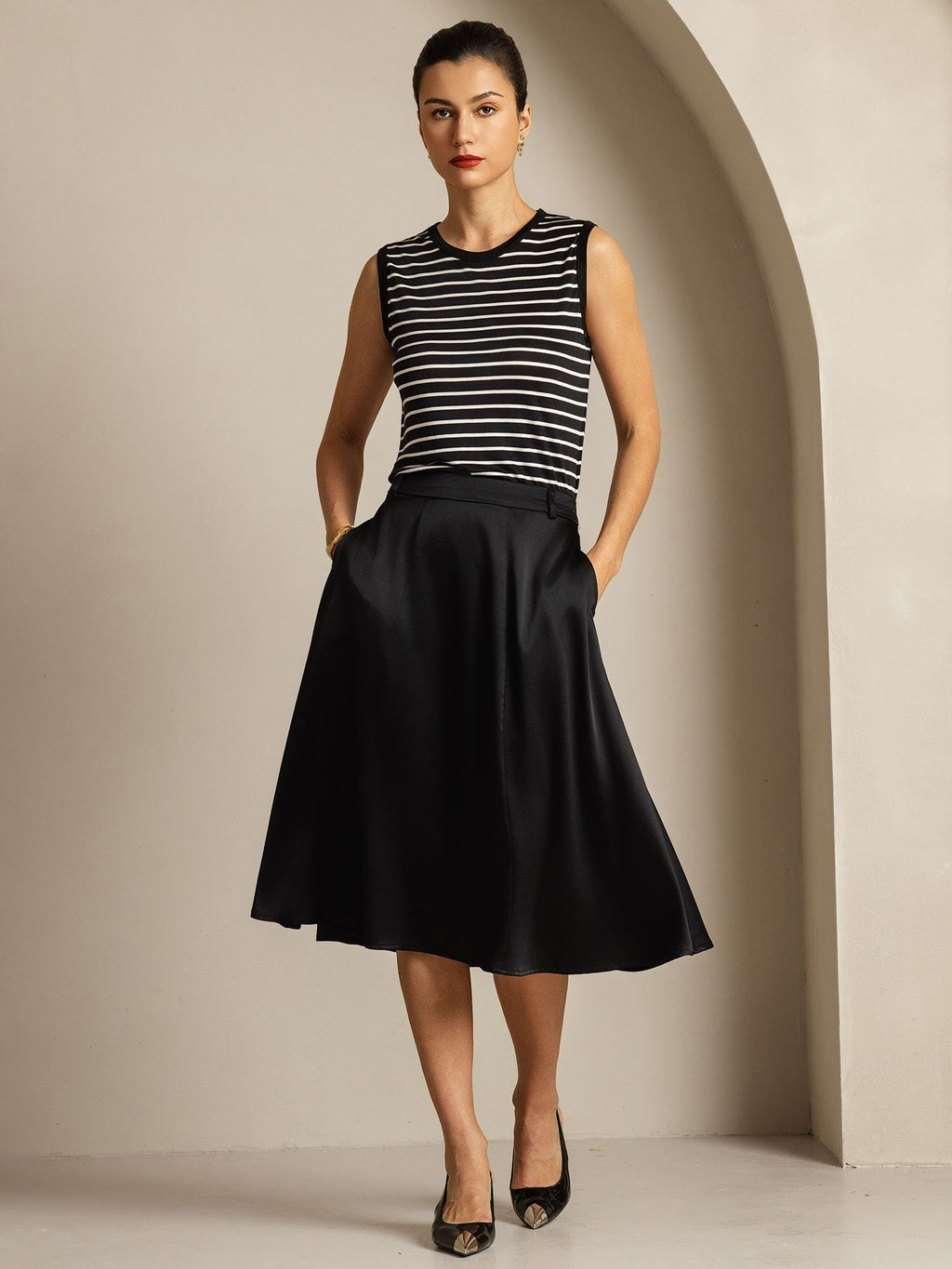 Women's Pure Silk Round Neck Sport Stripe Print Tank Top
