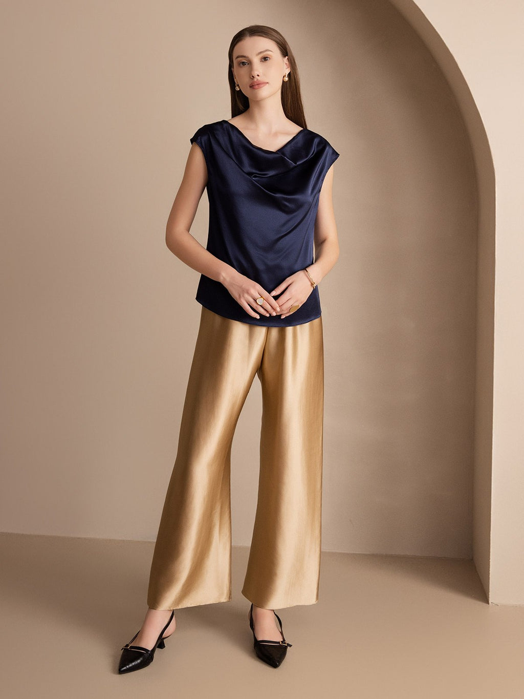 19Momme Silk Cap Sleeve Cowl Neck Women's Top