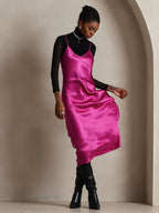 100% Mulberry Silk Spaghetti Strap V Neck Midi Dress