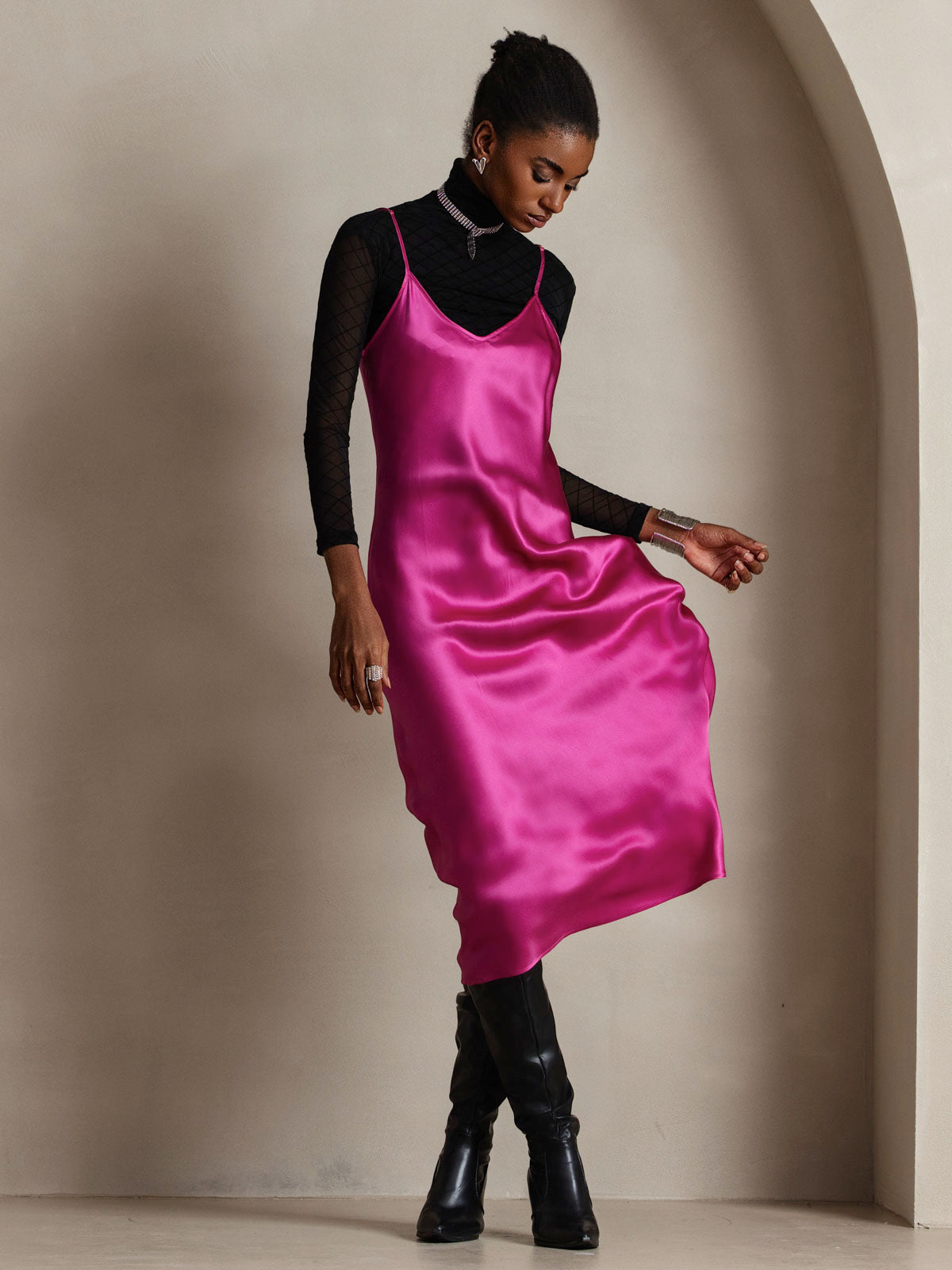 100% Mulberry Silk Spaghetti Strap V Neck Midi Dress