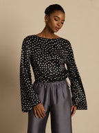 19Momme Women's Silk Polka Dot Print Bell Sleeve Boat Neck Top