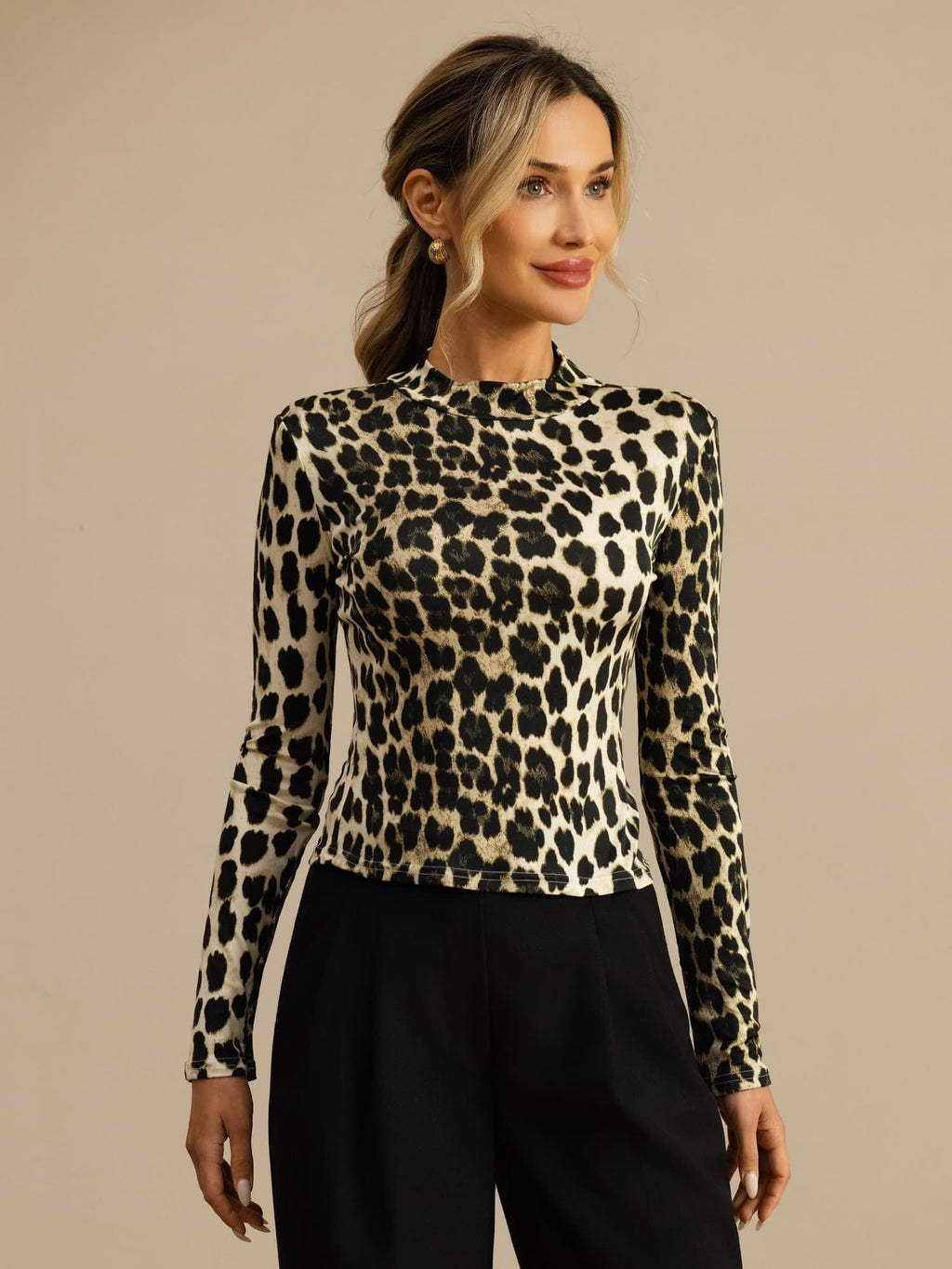 Pure Silk Wild Animal Print Women's Long Sleeve Mock Neck Top