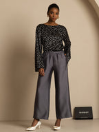 19Momme Women's Silk Polka Dot Print Bell Sleeve Boat Neck Top