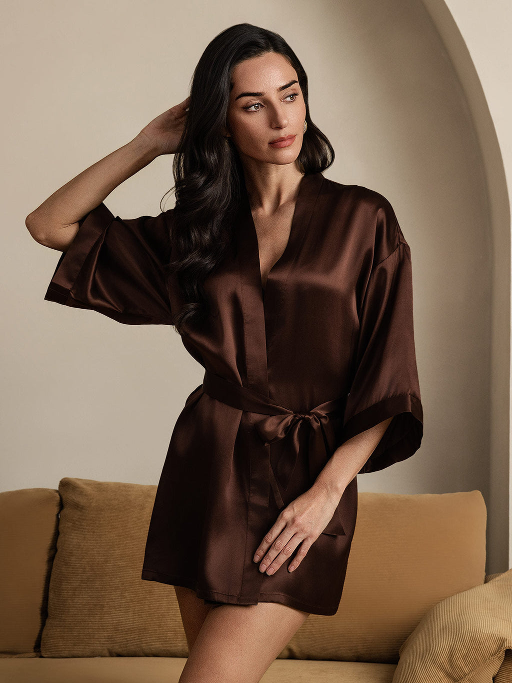 100% Mulberry Silk 3/4 Sleeve Short Women's Kimono Robe with Wrap Design