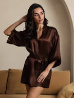 100% Mulberry Silk 3/4 Sleeve Short Women's Kimono Robe with Wrap Design