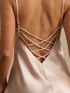 100% Mulberry Silk Spaghetti Strap V-neck Short Nightgown with Lace Criss Cross Back
