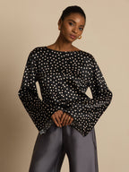 19Momme Women's Silk Polka Dot Print Bell Sleeve Boat Neck Top