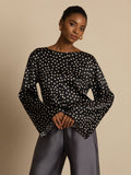 19Momme Women's Silk Polka Dot Print Bell Sleeve Boat Neck Top