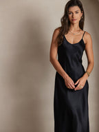100% Mulberry Silk Spaghetti Strap V Neck Midi Dress