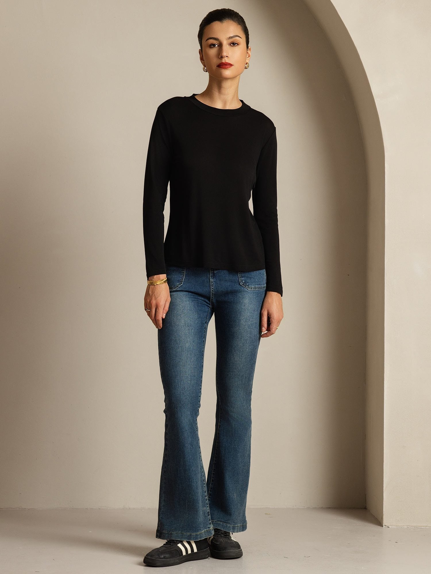 Women's Pure Silk Long Sleeve Round Neck Top