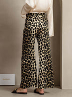 19Momme Silk Leopard Print Straight Leg Women's Pants With Side Pockets Design