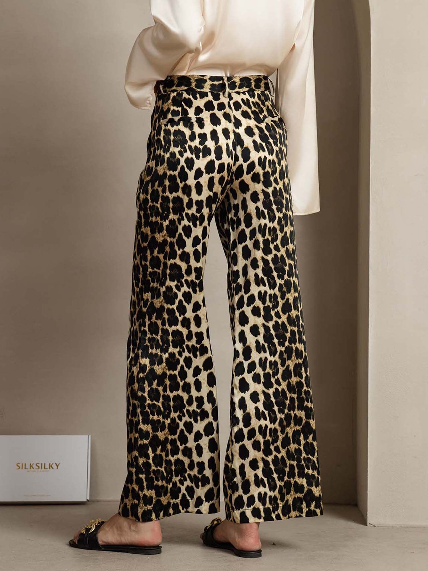 19Momme Silk Leopard Print Straight Leg Women's Pants With Side Pockets Design