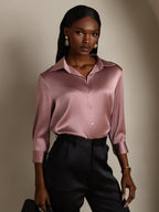 19Momme Silk 3/4 Sleeve Lapel Collar Women's Shirt with Button Up Design