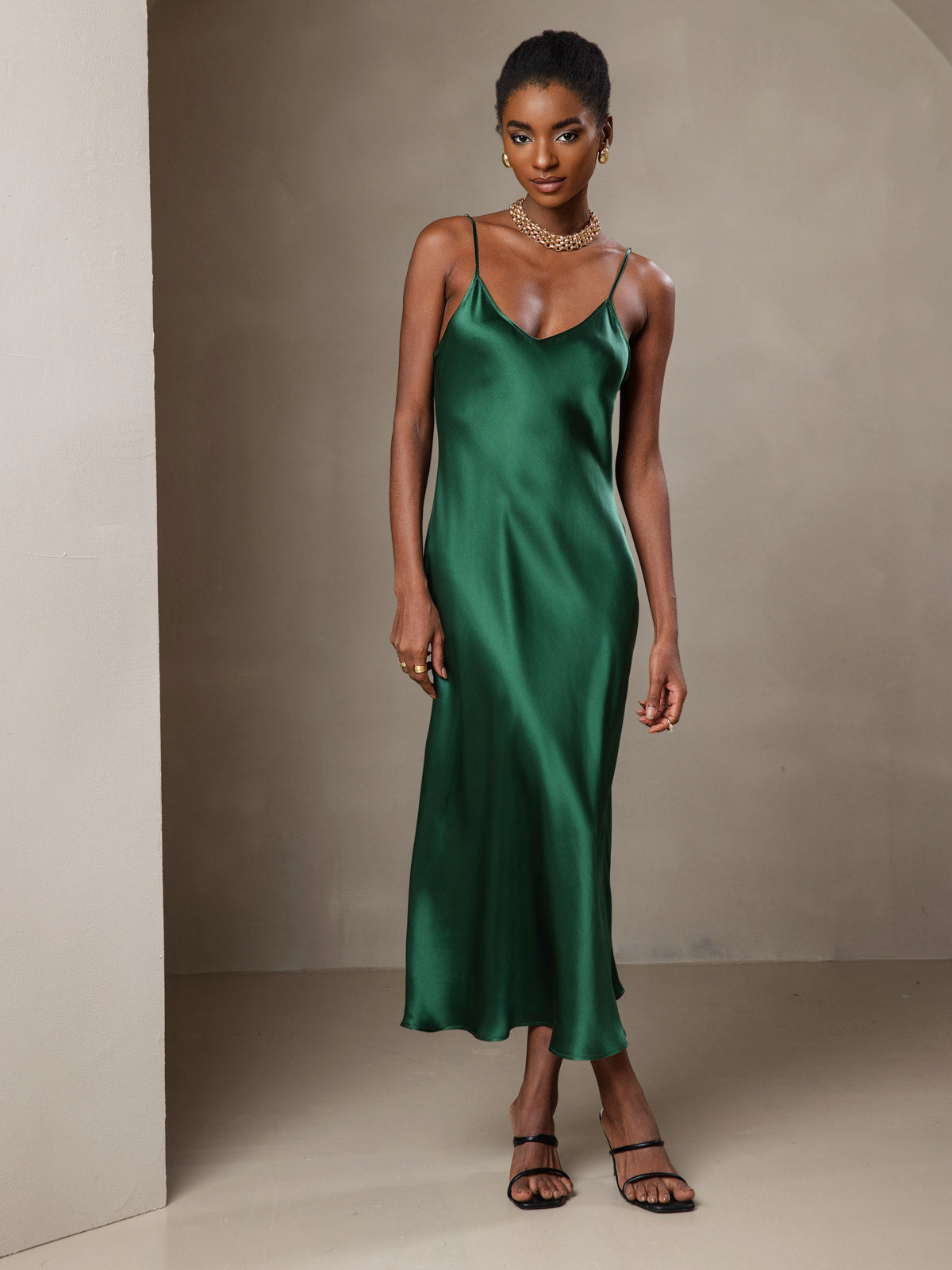 100% Mulberry Silk Spaghetti Strap Midi Long Dress