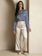 19Momme Silk Stripe Print Long Sleeve Lapel Collar Women's Shirt