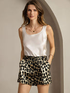 19Momme Women's Silk Leopard Print Cuffed Shorts With Side Pockets Design
