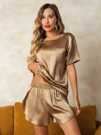 100% Mulberry Silk Short Sleeve Round Neck Women's Pajamas Set