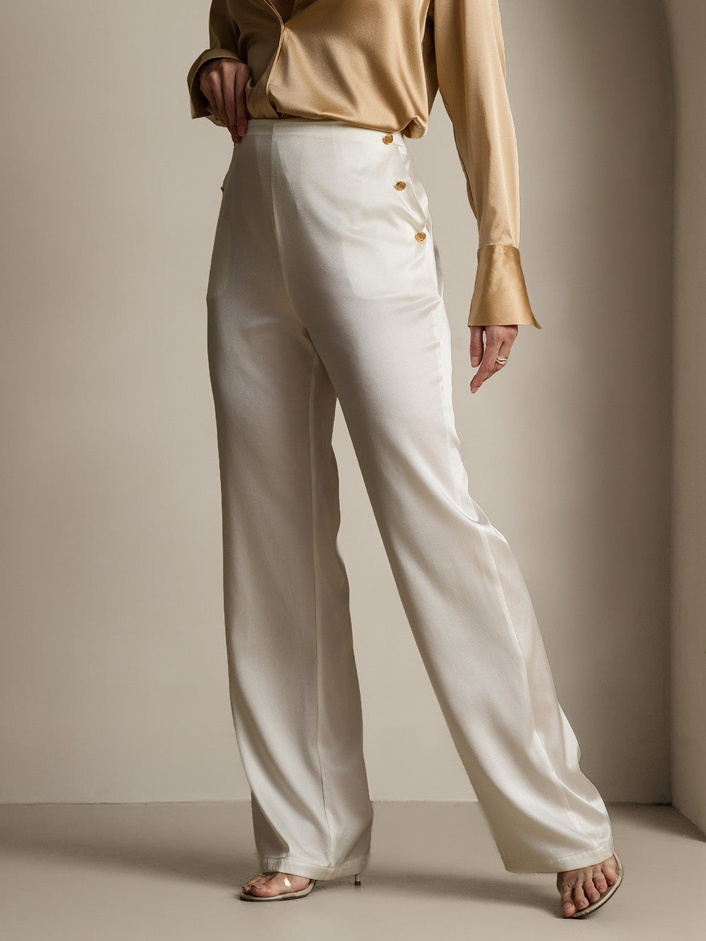 19Momme Silk High Waist Straight Fit Women's Pants with Back Elastic Waist Design