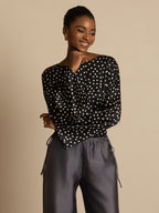 19Momme Women's Silk Polka Dot Print Bell Sleeve Boat Neck Top