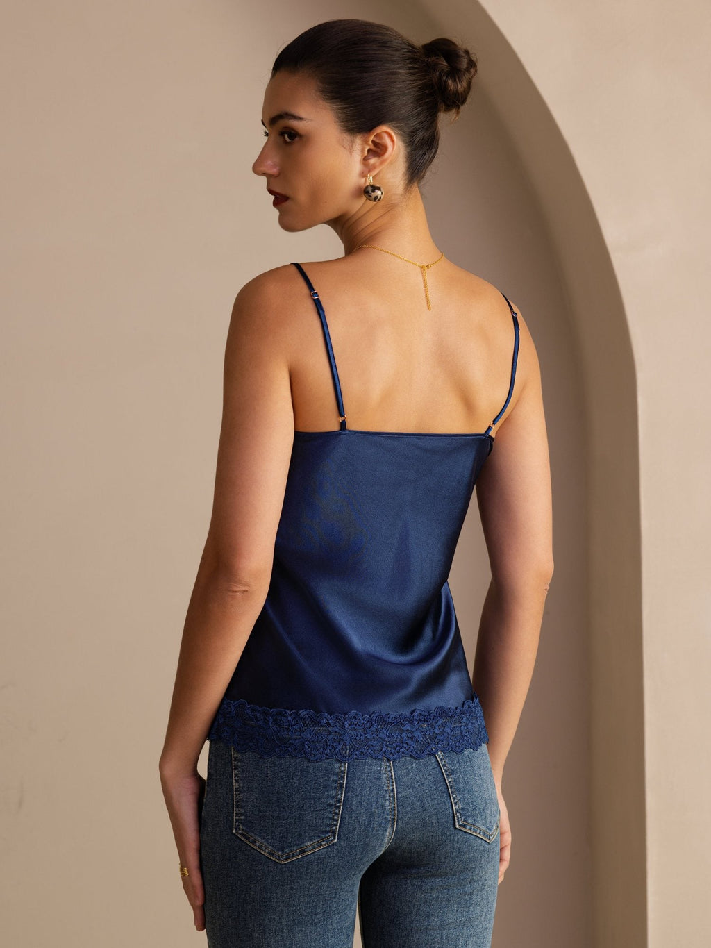 100% Mulberry Silk Women's Spaghetti Strap V Neck Lace Trim Camisole Top