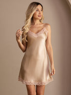 100% Mulberry Silk Elegant Slip Lace Trim V Neck Short Nightgown