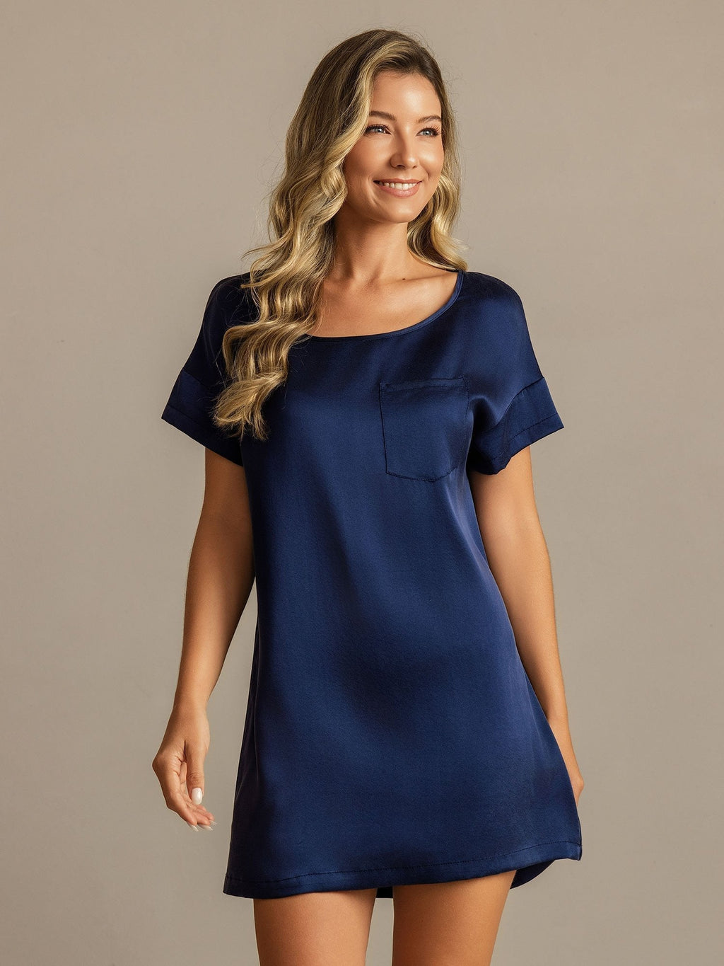 19Momme Washable Silk Short Sleeve Round Neck Short Nightgown
