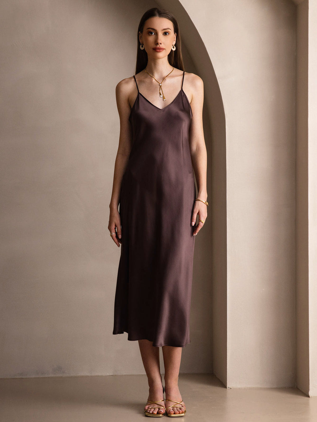 100% Mulberry Silk Spaghetti Strap Midi Long Dress