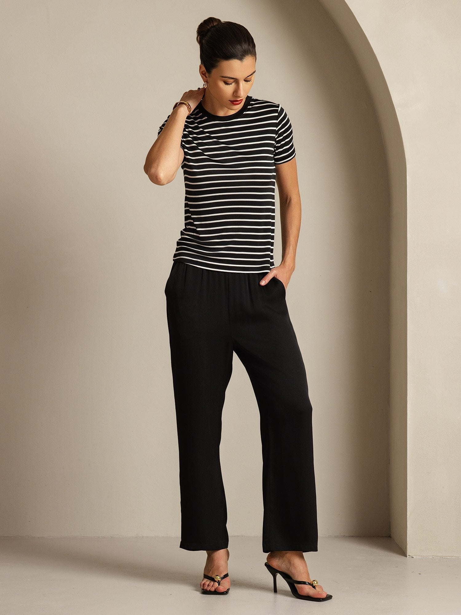 Pure Silk Crew Neck Short Sleeve Women's Sport Stripe Print T-Shirt