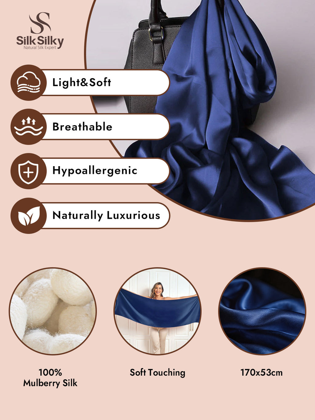 100% Mulberry Silk Long Scarf/Shawl 170x53cm/67