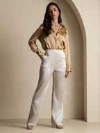 19Momme Silk High Waist Straight Fit Women's Pants with Back Elastic Waist Design