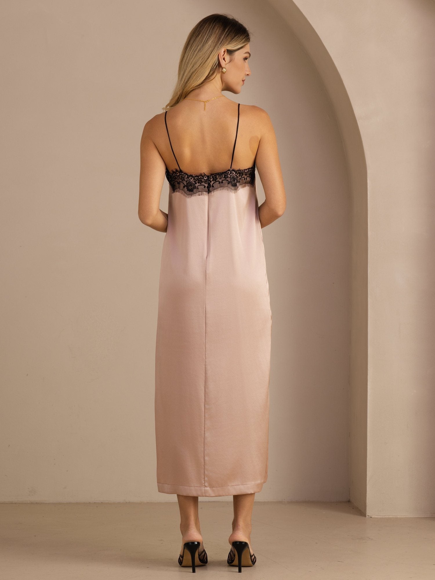 19Momme Silk Square Neck Spaghetti Strap Lace Midi Dress