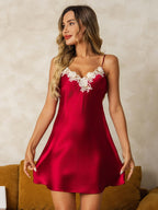 100% Mulberry Silk Spaghetti Strap V-neck Short Nightgown with Lace Criss Cross Back