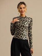 Pure Silk Wild Animal Print Women's Long Sleeve Mock Neck Top